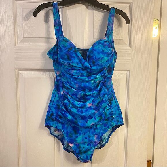 Trimshaper One Piece Swimsuit Size 14 Blue Teal Pink - Picture 1 of 6